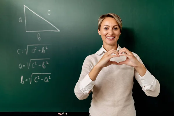 Happy Teacher Showing Heart Shape While Giving Online Lesson Her — Stock Photo, Image