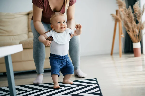 Cute Baby Boy Making His First Steps Mother Assistance Home — Stock Photo, Image