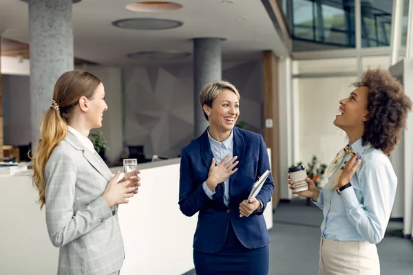 Group Happy Businesswomen Having Fun While Standing Lobby Talking — Φωτογραφία Αρχείου
