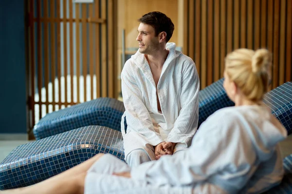 Smiling Man Bathrobe Relaxing While Spending Day His Wife Health — Stock Photo, Image