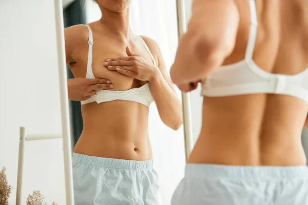 Close Cancer Aware Woman Examining Her Breast Front Mirror Home — Stockfoto