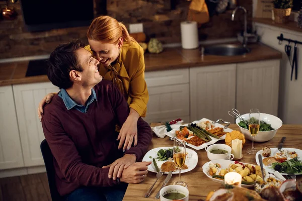 Happy Couple Love Celebrating Thanksgiving Having Dinner Dining Table —  Fotos de Stock