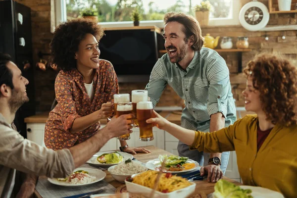 Group Young Happy Adult Having Lunch Together Toasting Beer Dining — Foto Stock
