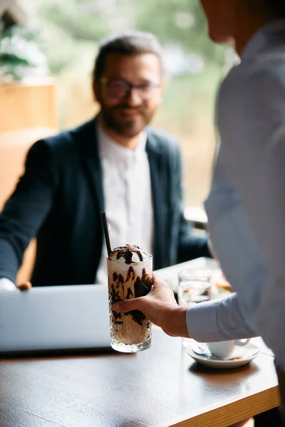 Close Waitress Bringing Chocolate Mocha Whipped Cream Businessman Cafe — Stockfoto