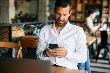 Young entrepreneur using smart phone while relaxing in a cafe.