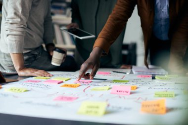 Close-up of creative people working on new business project and analyzing mind map on paperboard. 