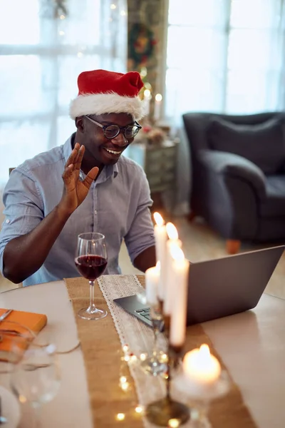 Happy Black Man Using Laptop Greeting Someone Video Call Christmas — Foto Stock