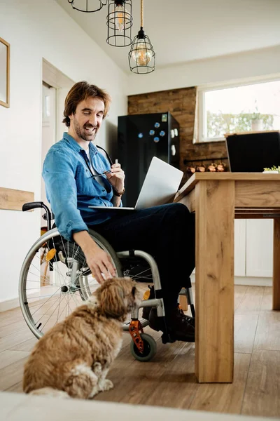 Young happy freelance worker in wheelchair working on a computer and cuddling his dog at home.