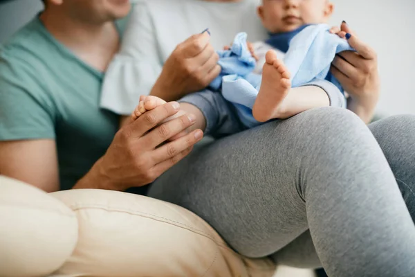 Close Parents Enjoying Baby Boy While Relaxing Sofa Father Holding — Foto de Stock