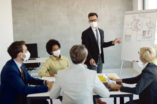 Male Entrepreneur Wearing Protective Face Mask While Giving Presentation His — Foto Stock