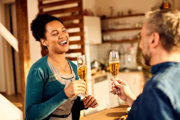 Happy Black Woman Drinking Champagne Having Fun While Communicating Her — Foto de Stock