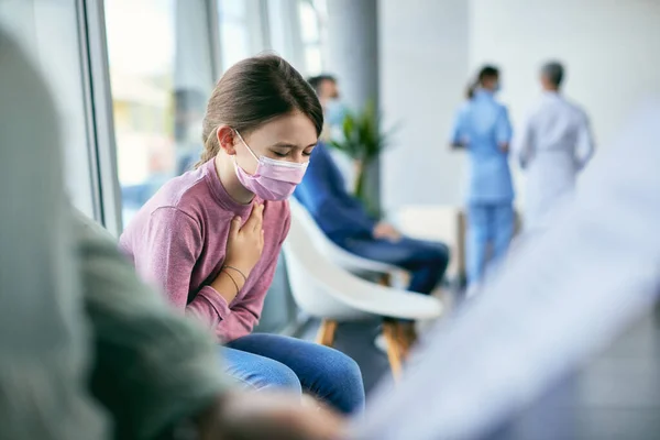 Little Girl Protective Face Mask Felling Unwell Coughing While Waiting — 스톡 사진