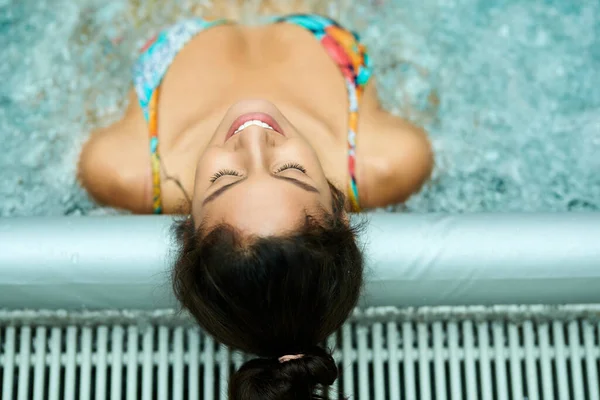 High Angle View Happy Woman Relaxing Eyes Closed Hot Tub — Fotografia de Stock
