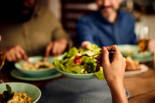 Close African American Woman Eating Salad Meal Her Friends Dining — Photo