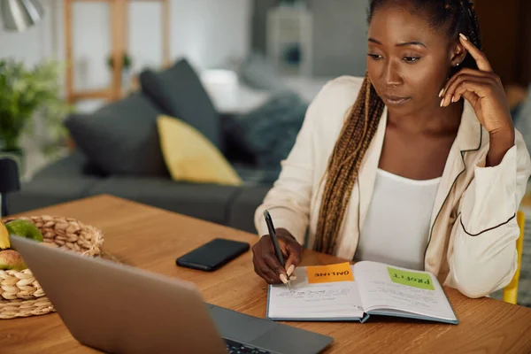 Young African American Woman Taking Notes While Working Laptop Home — стокове фото