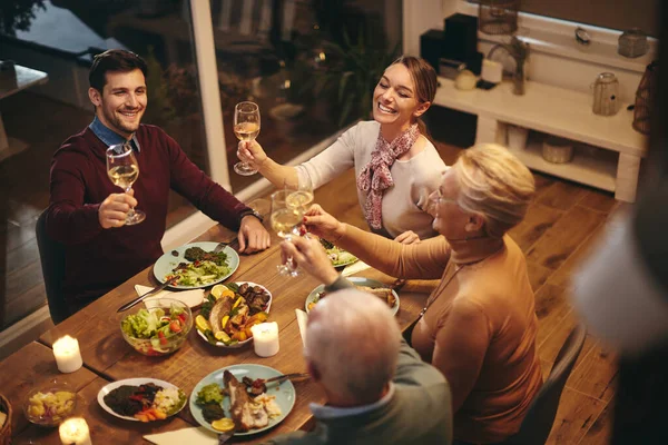 High Angle View Happy Family Celebrating Toasting Wine While Having — Foto Stock