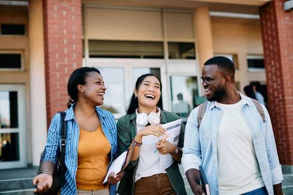 Multi Ethnic Group Happy University Friends Laugh While Talking Outdoors — Fotografia de Stock