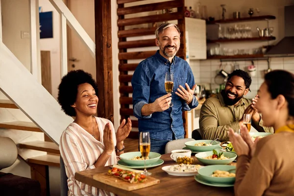 Group Happy People Laughing Applauding Friend Who Holding Toast Meal — Stockfoto