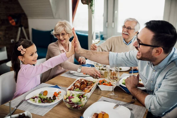 Happy Little Girl Her Father Having Fun Family Lunch While — Foto Stock