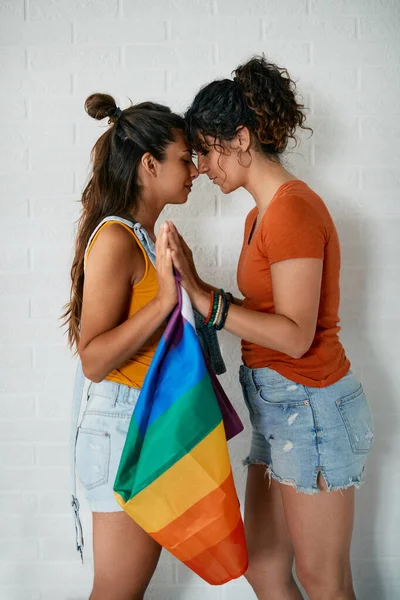 Young Homosexual Women Touching Noses While Standing Face Face Holding — Photo