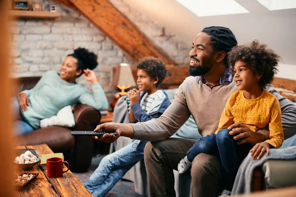 Happy African American Family Watching While Relaxing Together Living Room — Foto de Stock