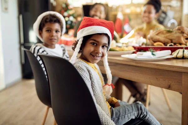 Happy Black Little Girl Her Family Having Christmas Lunch Together — Foto Stock