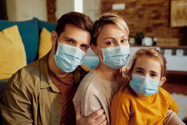 Portrait of smiling family wearing protective face masks at home and looking at camera.