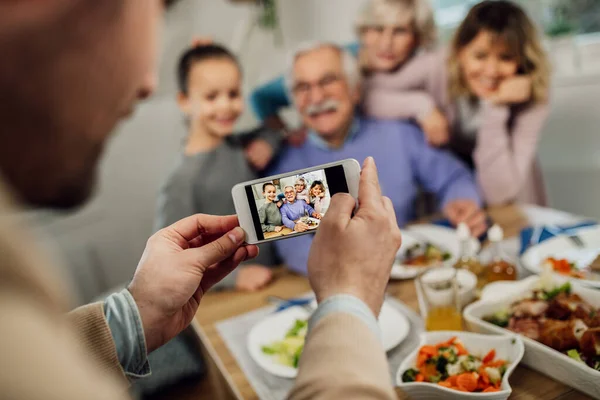 Close Man Taking Picture His Multi Generation Family Mobile Phone — Stock Fotó