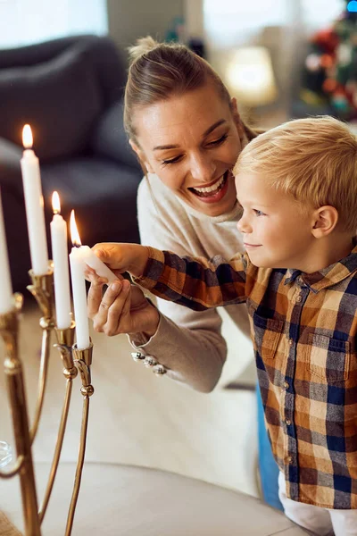 Happy Little Boy His Mother Lighting Candles Menorah Hanukkah Home — Stockfoto