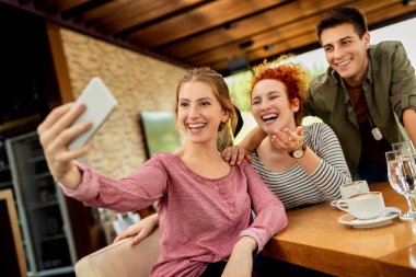 Group of friends having fun while taking selfie in a cafe. 