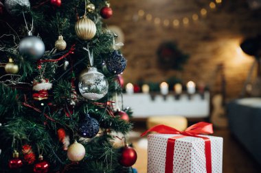 Close-up of decorated Christmas tree and a present in the living room. 