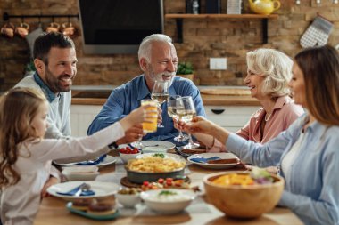 Happy multi-generation family toasting while enjoying in lunch in dining room. 