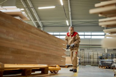 Low angle view of manual worker with face mask pulling pallet jack with wood planks at carpentry workshop. 