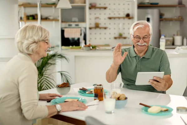 Happy Senior Man Using Touchpad Greeting Someone Video Call Home — Photo