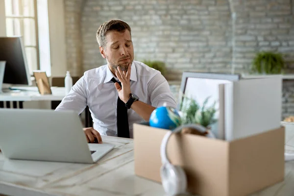 Distraught Businessman Using Computer Feeling Sad Getting Fired Work — Stockfoto