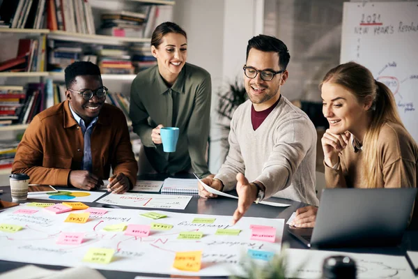 Group Young Entrepreneurs Analyzing Mind Map Paperboard While Working New — Zdjęcie stockowe