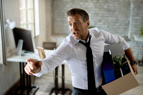 Fired Businessman Holding His Belongings Arguing Someone Being Fired Work — Stockfoto