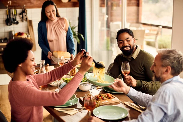 Happy African American Man Drinking Wine Enjoying Lunch Friends Dining — Stockfoto