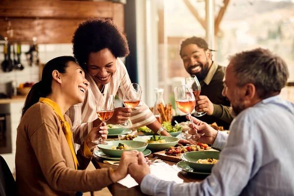 Group Happy Multi Ethnic People Laughing While Drinking Wine Eating — Foto de Stock