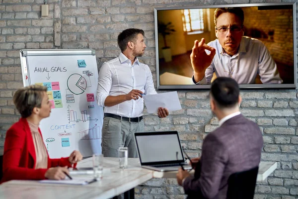 Group Colleagues Discussing Business Plans While Having Video Conference Meeting — Fotografia de Stock