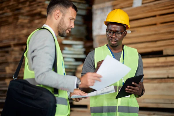 Young black worker and warehouse inspector cooperating while analyzing paperwork at lumber department.