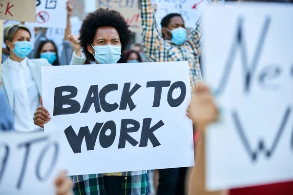 Crowd People Protesting Job Loss Due Covid Pandemic Focus African — Zdjęcie stockowe