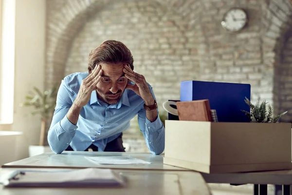 Young Displeased Businessman Having Headache Getting Fired His Job Office — Stock Fotó