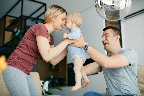 Young Happy Parents Having Fun Baby Son Home — Stok Foto