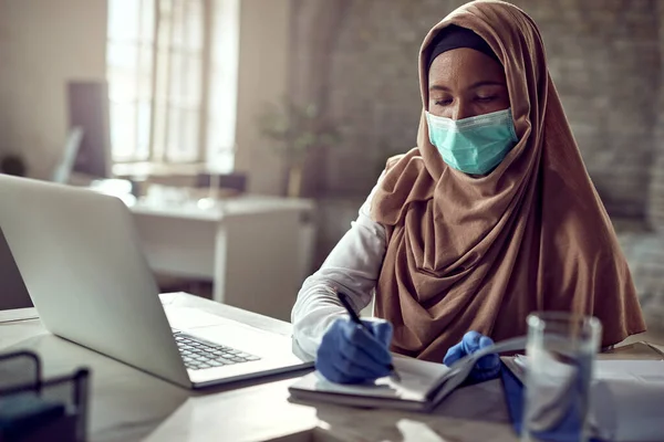 Muslim Female Entrepreneur Wearing Face Mask While Writing Business Reports — Foto Stock
