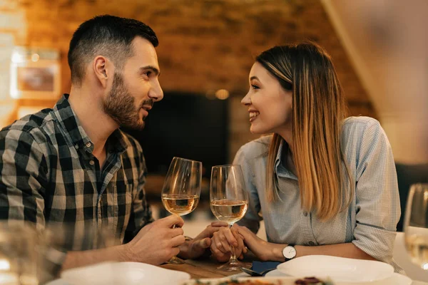 Happy Couple Communicating While Having Dinner Drinking Wine Dining Room — Stockfoto