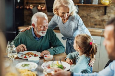 Happy senior couple and their granddaughter communicating during a meal in dining room. 