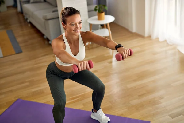 High Angle View Happy Athletic Woman Exercising Dumbbells While Doing — Foto de Stock