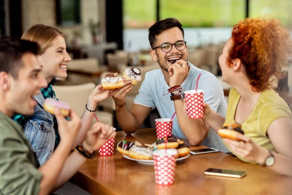 Young Happy Man His Fried Talking Having Fun While Eating — Foto Stock