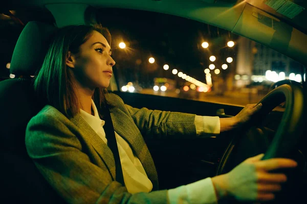 Young Woman Driving Car Night Thinking Something — 图库照片